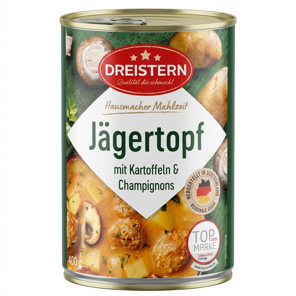 Jäger Topf, mit Kartoffeln, Champignons, Dosenration, 400 g, Jägartopf, Kartoffeln, Champignons, Konserve, Gemüseauflauf