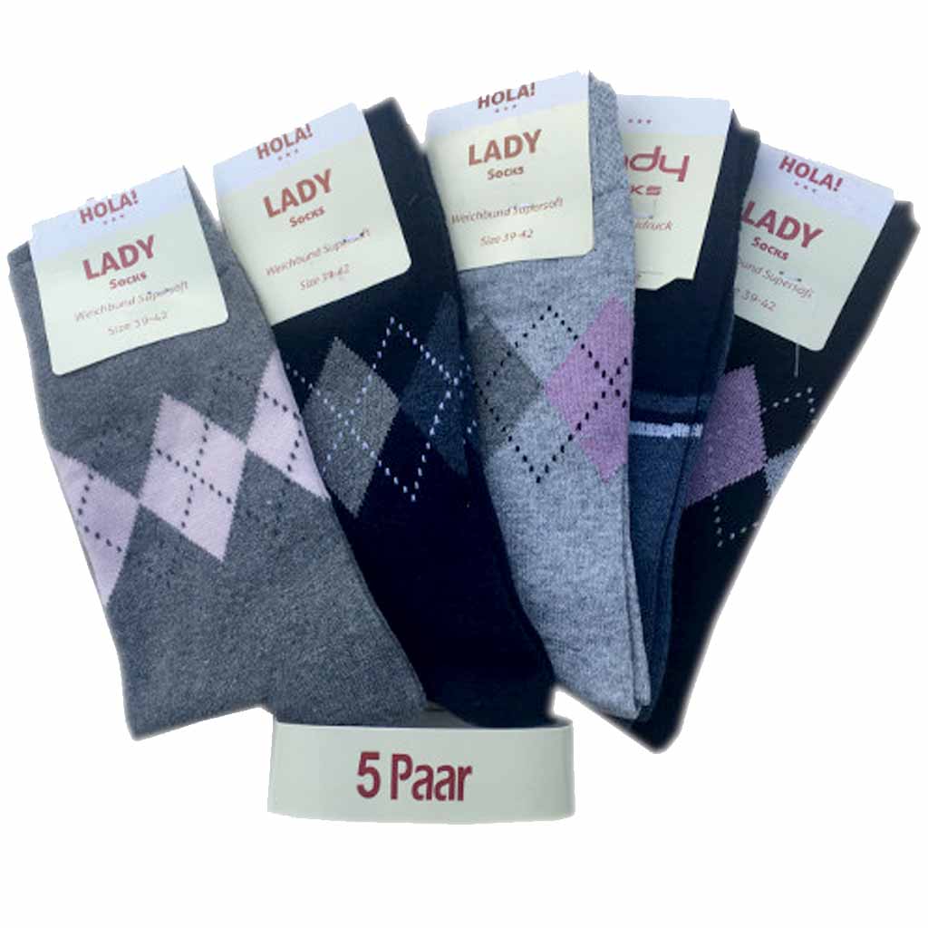 5x Lady Socks Socken für Damen kariert 5-Farben Sortierung