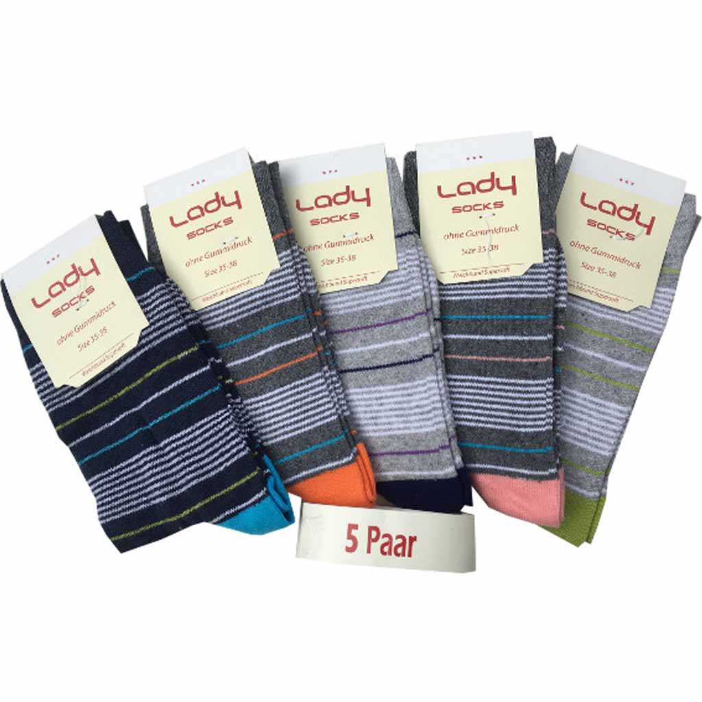 5x Lady Socks Socken für Damen gestreift 5-Farben Sortierung