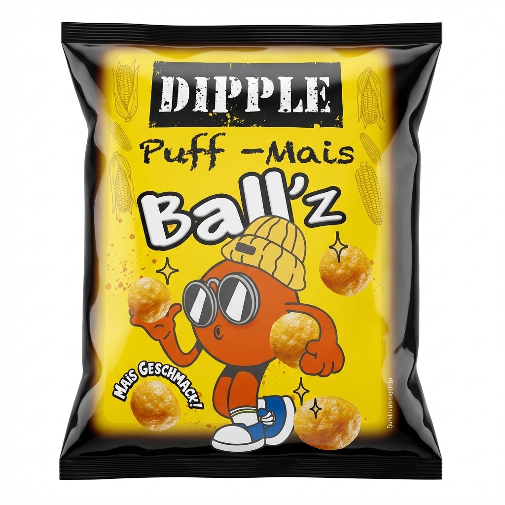 Knabberer Bällchen, Puffs, Maisknabber, Snacktüte, Corn Snack