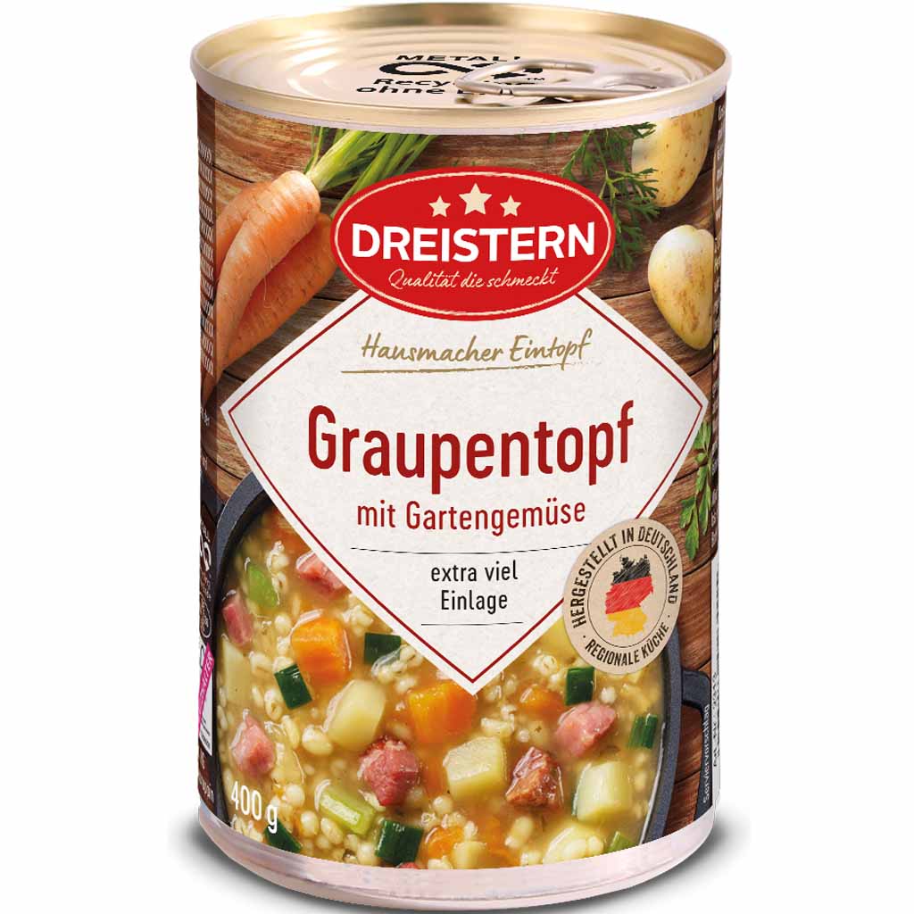 Dreistern Hausmacher Eintopf Graupentopf mit Gartengemüse 400g MHD 14.07.28