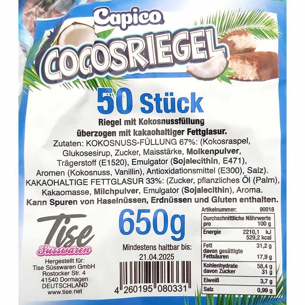 Capico Cocosriegel 50er Pack, 650g Riegel mit Kokosnussfüllung GTIN 4260195080331