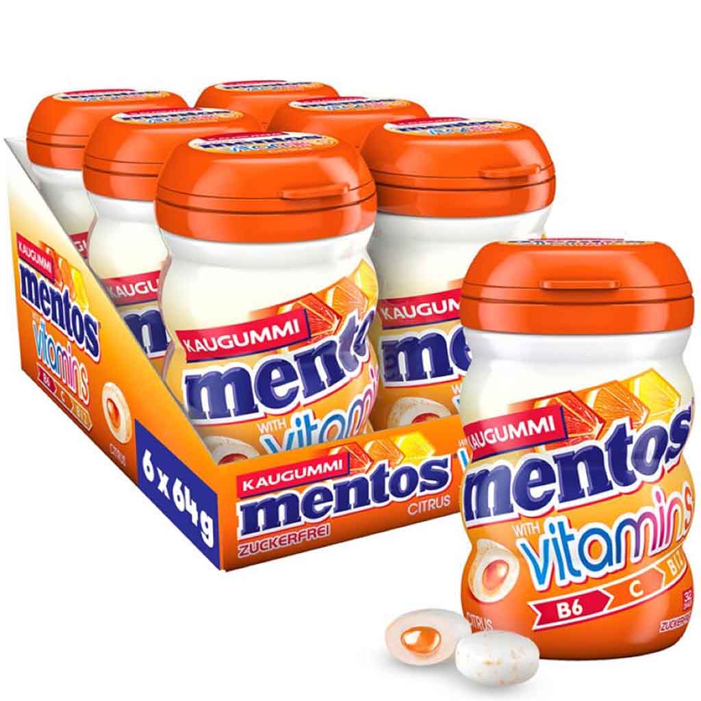 Mentos Kaugummi Dragees Vitamins Citrus 6x64g=384g MHD 30.09.27