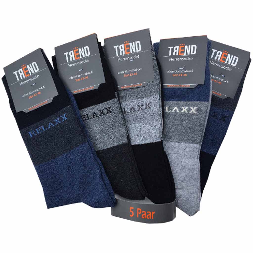 5x Trend Herrensocken RELAXX ohne Gummidruck 5-Farben Sortierung MHD:0/86