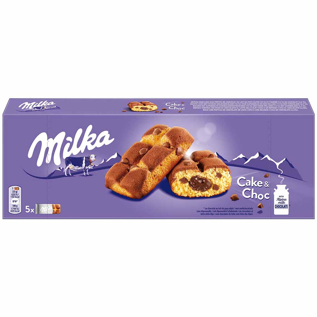 Milka Cake & Choc 175g  Einzeln verpackte Mini-Kuchen mit Alpenmilchschokoladen-Stückchen und flüssigem Schokoladenkern