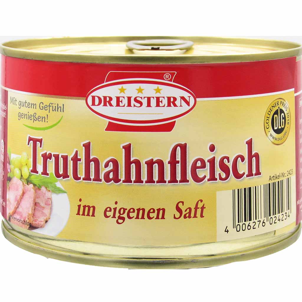 Dreistern Truthahnfleisch im eigenen Saft 400g MHD 01.07.28