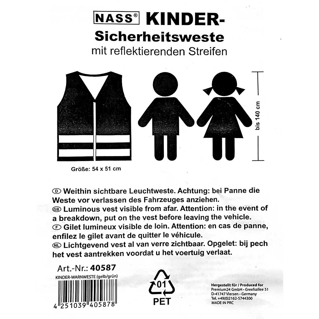 Warnweste Gelb für Kinder bis 140 cm Label
