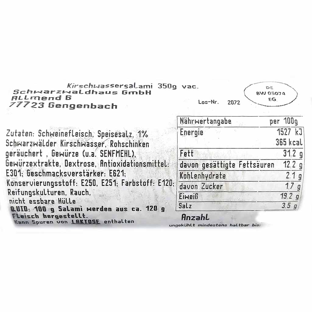 Schwarzwälder Kirschwasser Salami 350g Label