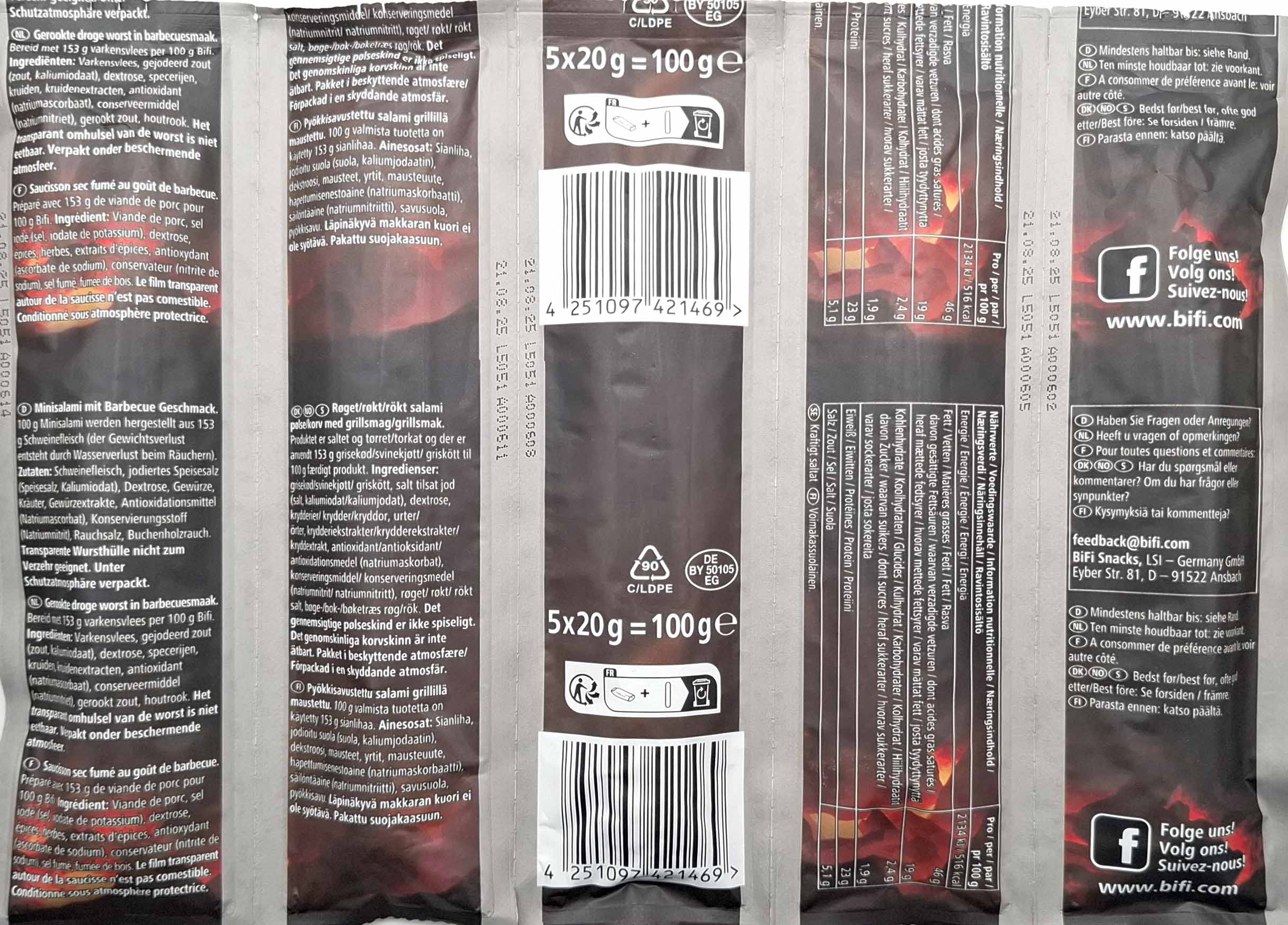 Bifi 5x BBQ Geschmack Minisalami 20g, 100g, 4251097421469