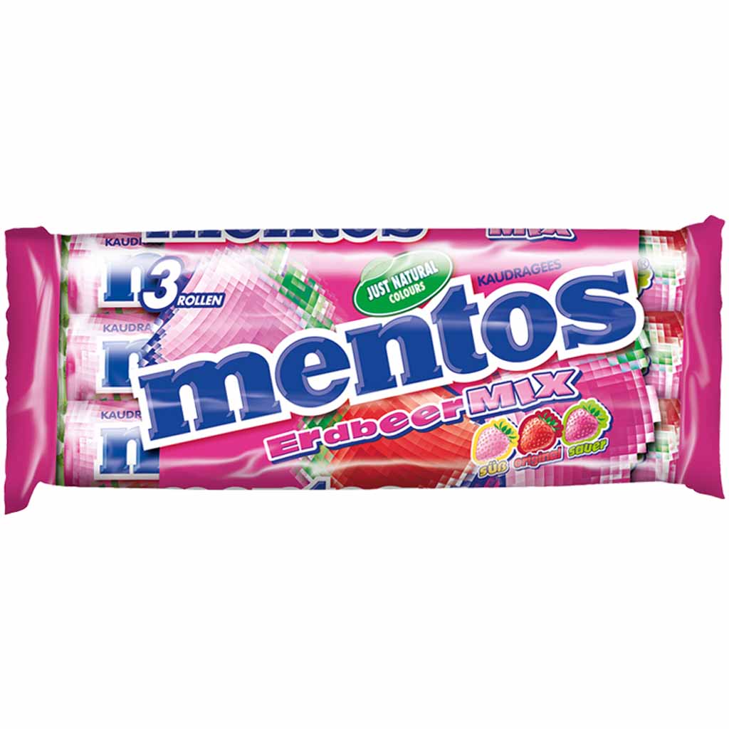 Mentos Kaubonbons Erdbeer-Mix (3x37,5g) 112,5g MHD 30.11.27