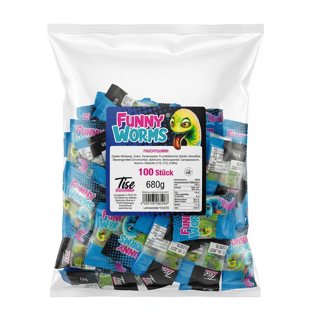 bonbons, fruchtgummi, 100-stück, 680g, funny-worms
