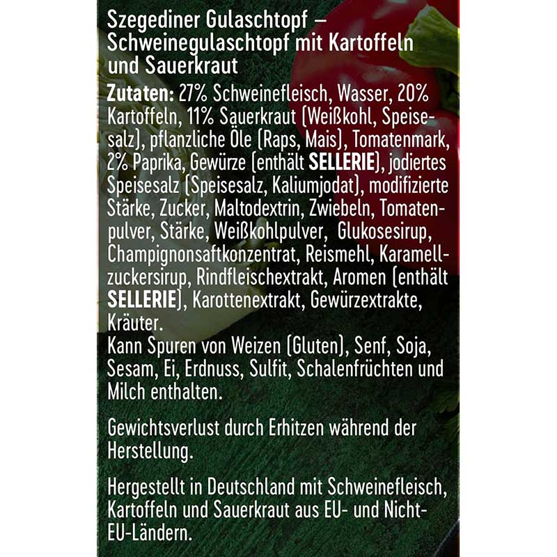Dreistern Szegediner Gulasch mit Kartoffel 400g Zutaten