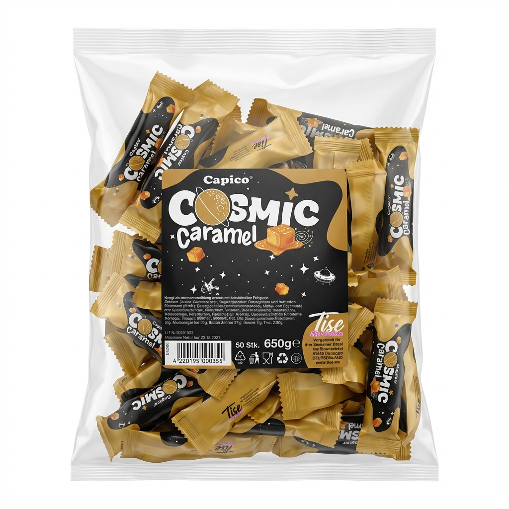 Karamellbonbons, Cosmic Caramel, Toffees, Snackpack, Goldene Verpackung