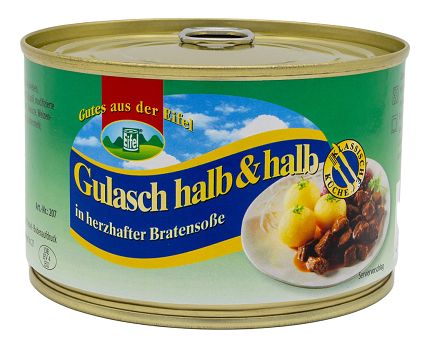 Gulasch halb und halb, Dosenprodukt, Gulasch, halb & halb, Bratensoße, im Glas