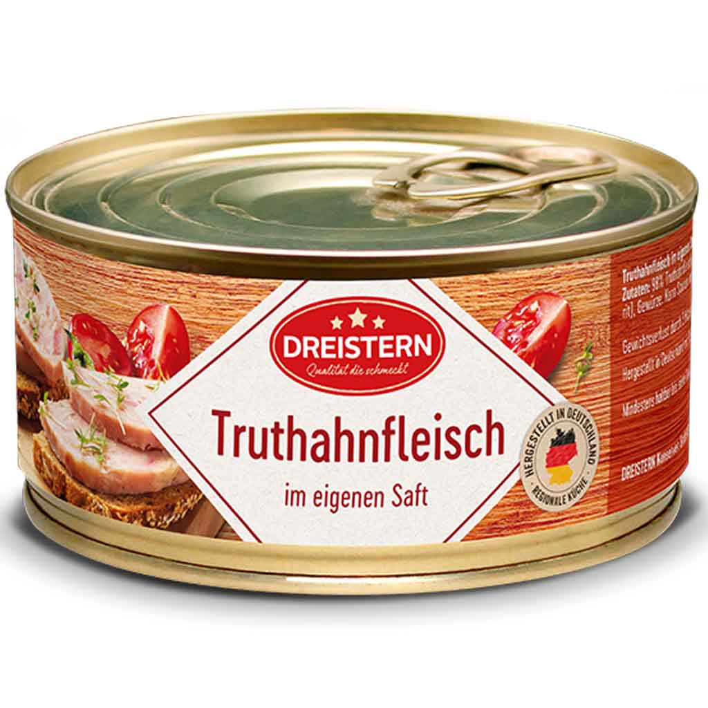 Dreistern Truthahnfleisch im eigenen Saft 300g MHD 14.01.29