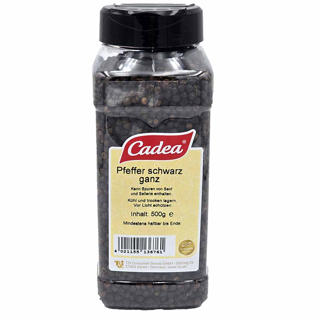 Pfeffer, Schwarz, ganz, 500g, Gewürzflasche