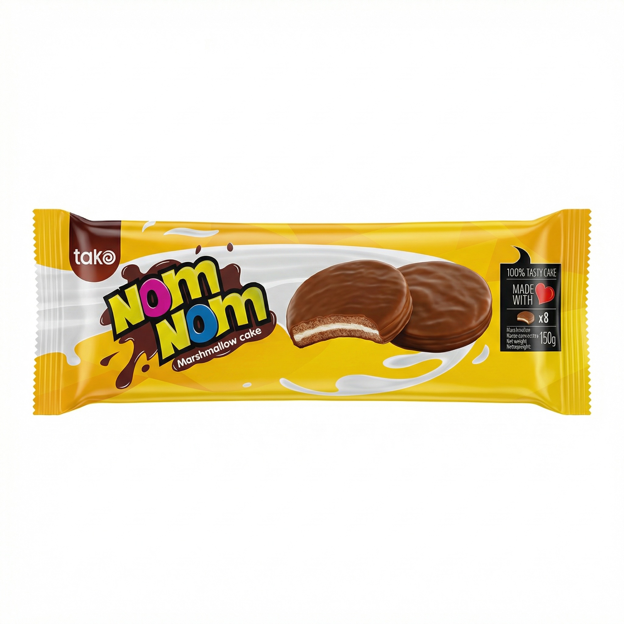 Marshmallowe Kuchen, Schokoladenüberzug, Kekse Gebäck, Snackriegel, Gelbes Verpackungsmaterial