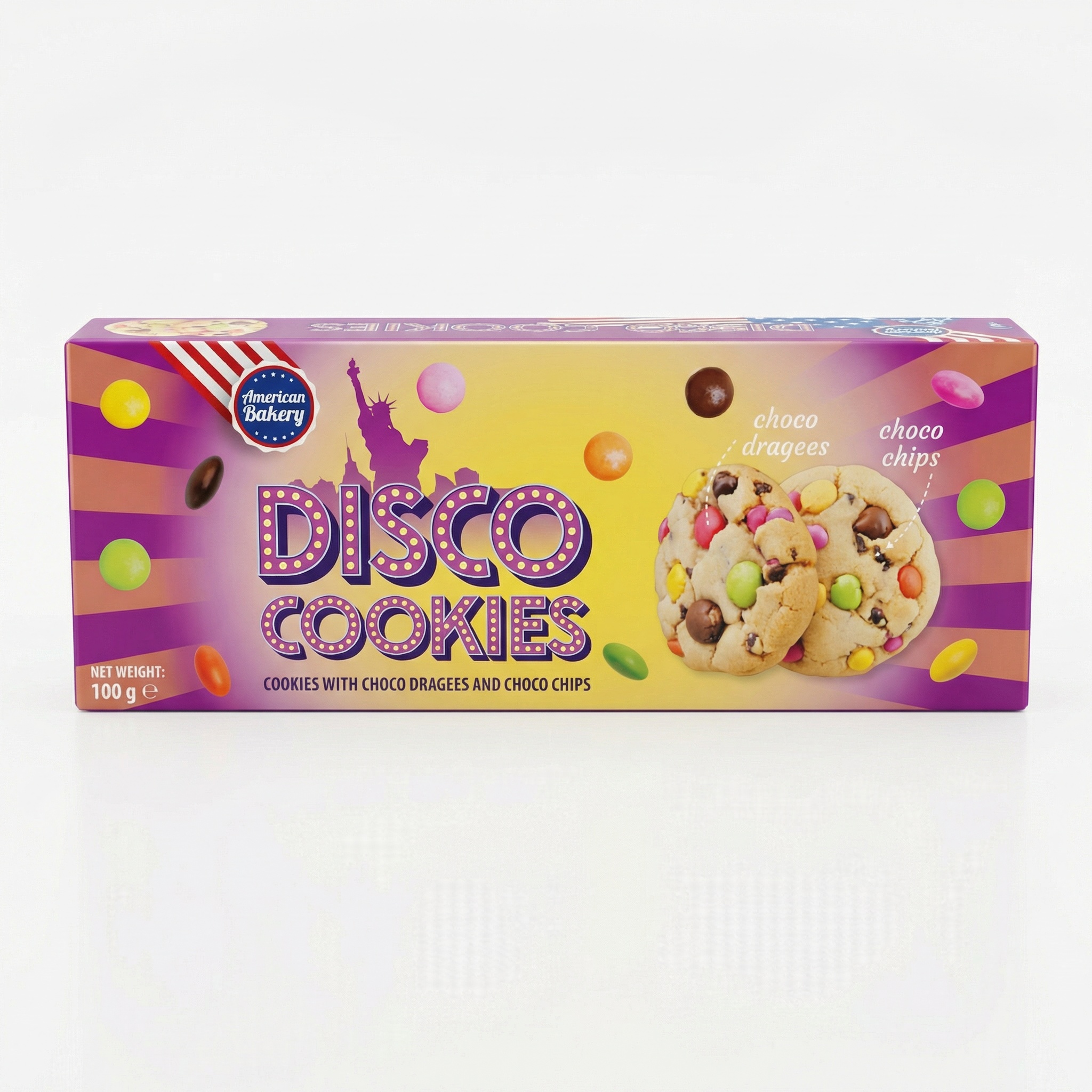 cookies, disco cookies, choco dragees, choco chips, snack box