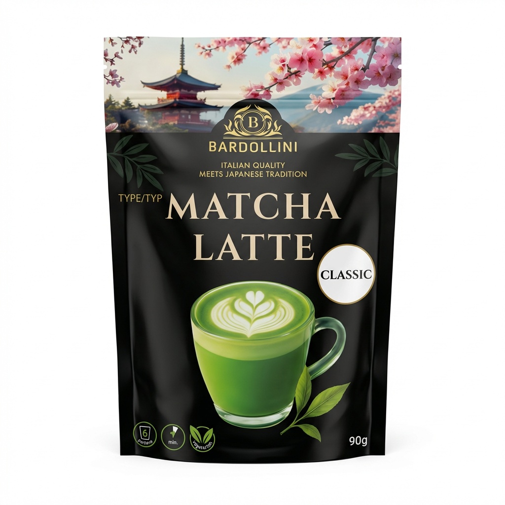 Matcha Latte, Grüner Tee, Beutelgetränk, 90g, Verpackung Schwarz