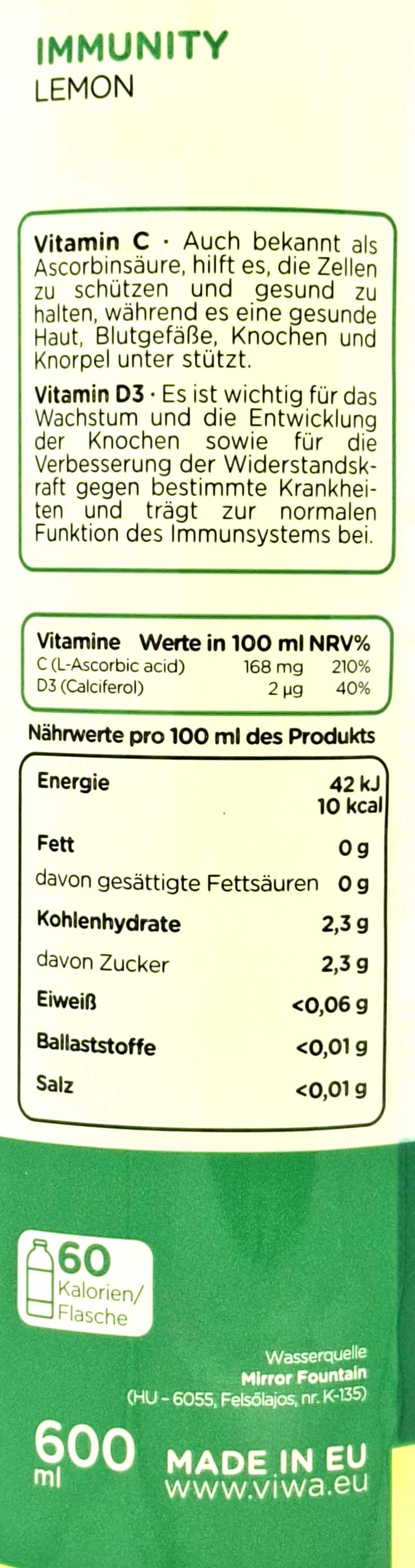 Viwa Immunity C-1000 Lemon 600ml PET Fl. Vitaminwater, 5999885917860, Zutaten und Energie