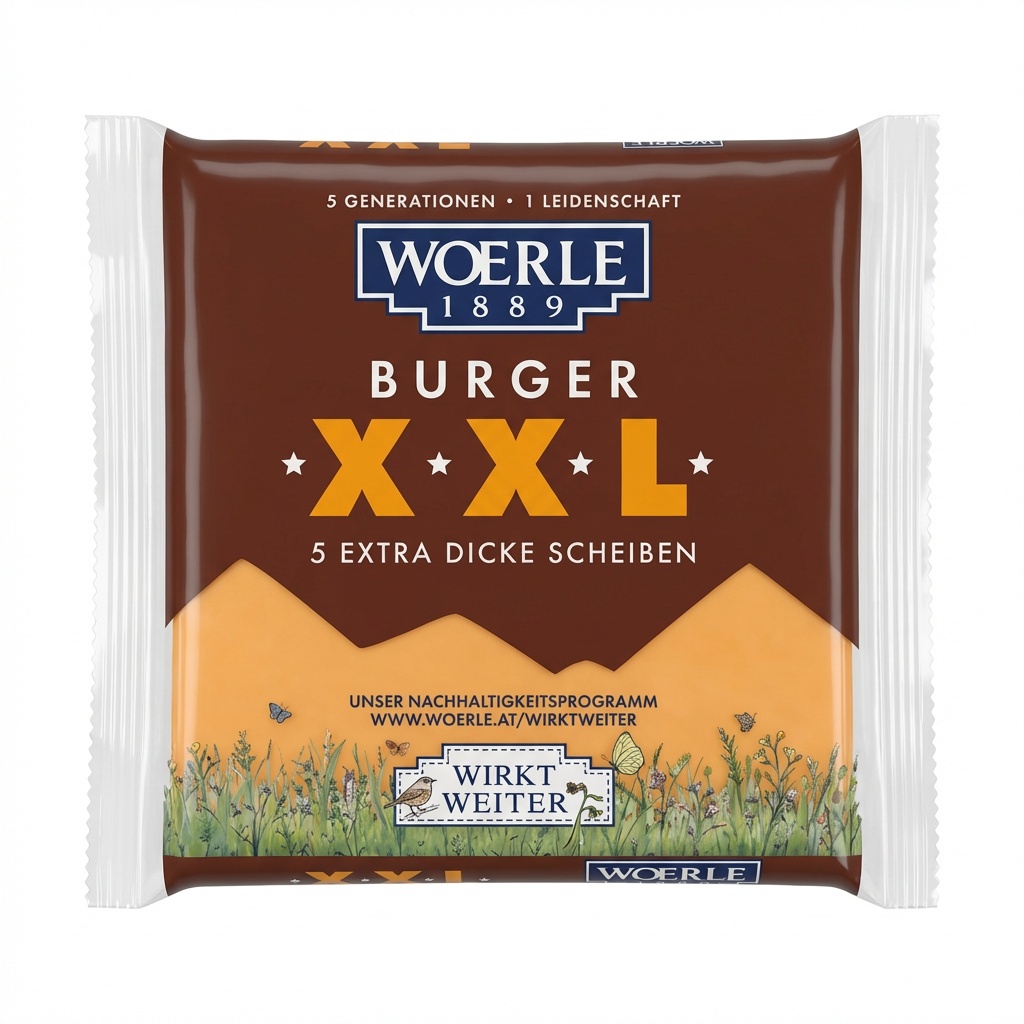 Burger, XXL, 5 extra slices, braune Verpackung, pflanzengrafik