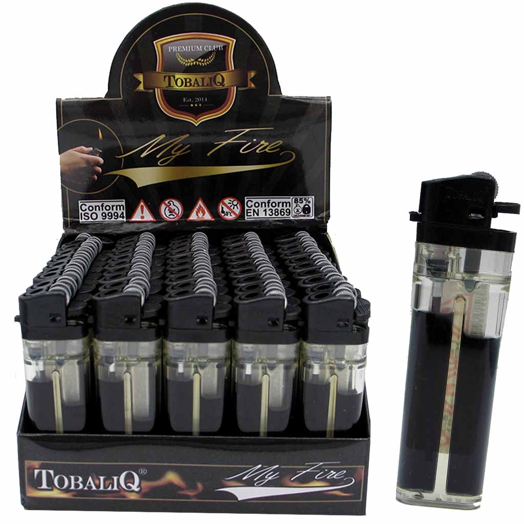 50x TobaliQ Feuerzeug Schwarz mit Schwarz Gas im Thekendisplay
