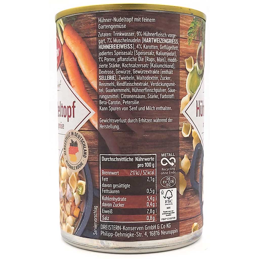 Dreistern Hühner Nudeltopf mit Gemüse 400g Zutaten