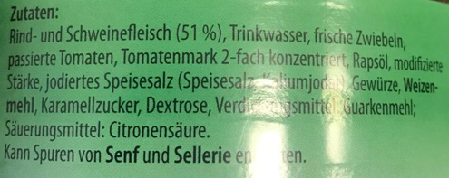 Rind- und Schweinefleisch, Trinkwasser, Zwiebeln, Tomaten, Tomatenmark
