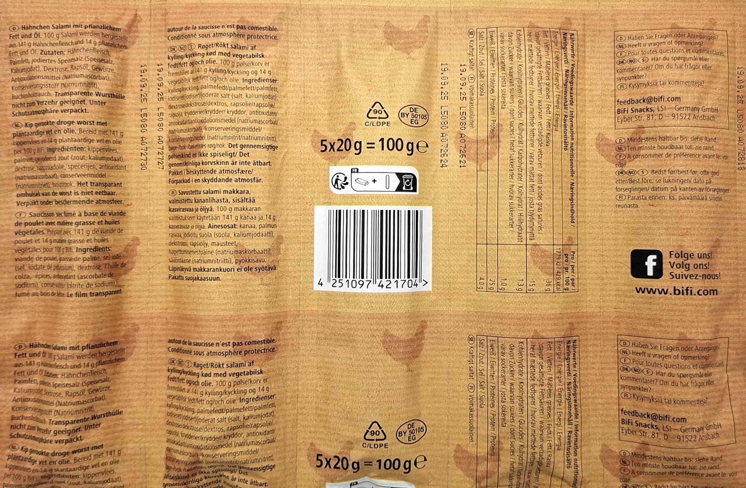 Bifi Chicken - 100% made with Chicken Minisalami 5x20g = 100g, 4251097421704