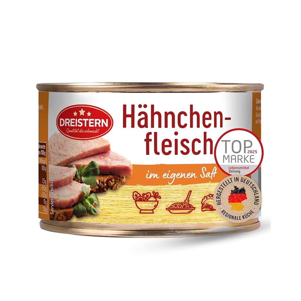 Hähnchenfleisch, Dosenware, Fleischkonserve, im eigenen Saft, Deutschlandflagge