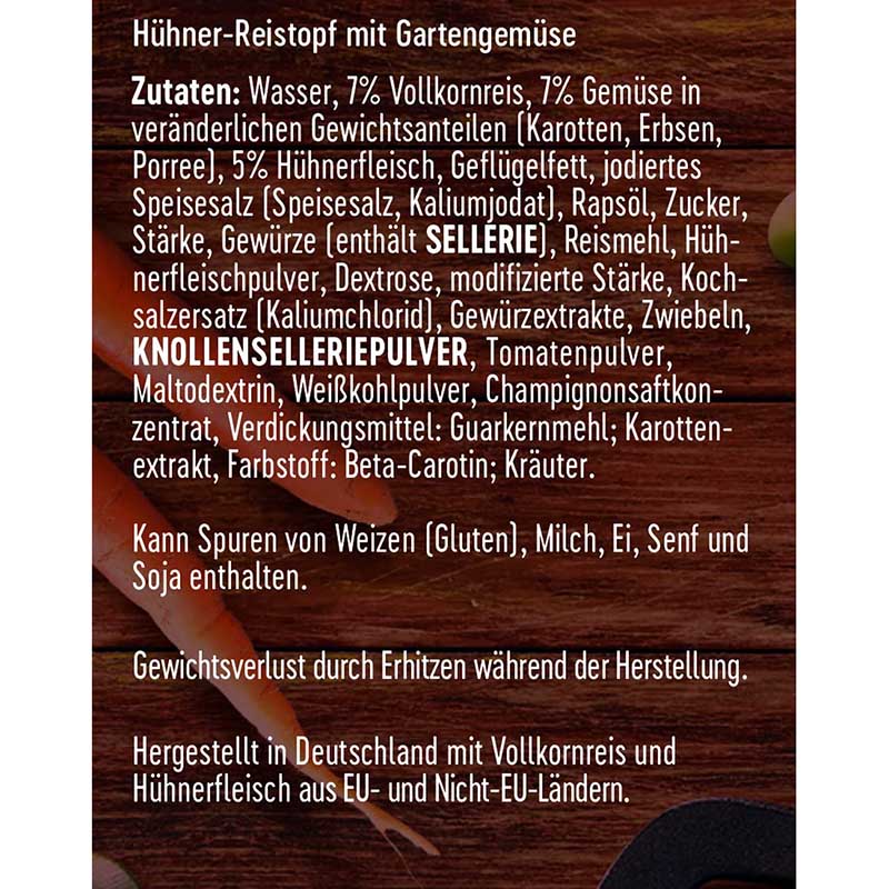 Dreistern Hühner Reistopf mit Gemüse 800g Zutaten