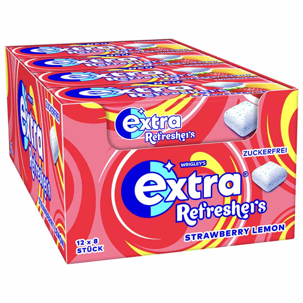 12x Wrigleys extra Refreshers Strawberry Lemon je 17,9g = 214,8g = 12x8 = 552 Kaugummi