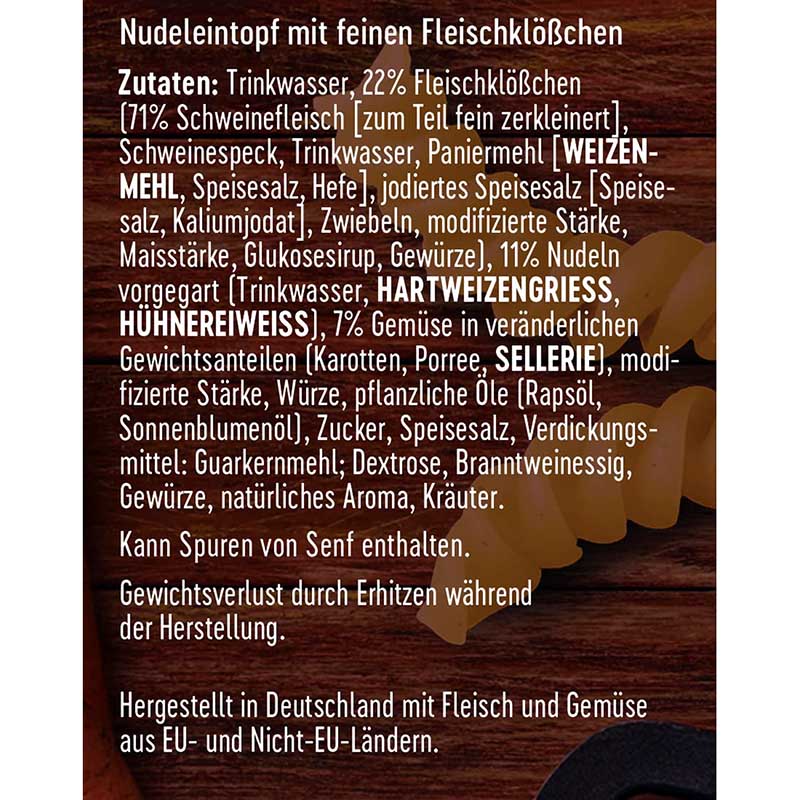 Dreistern Nudeltopf mit feinen Fleischklößchen 800g Zutaten